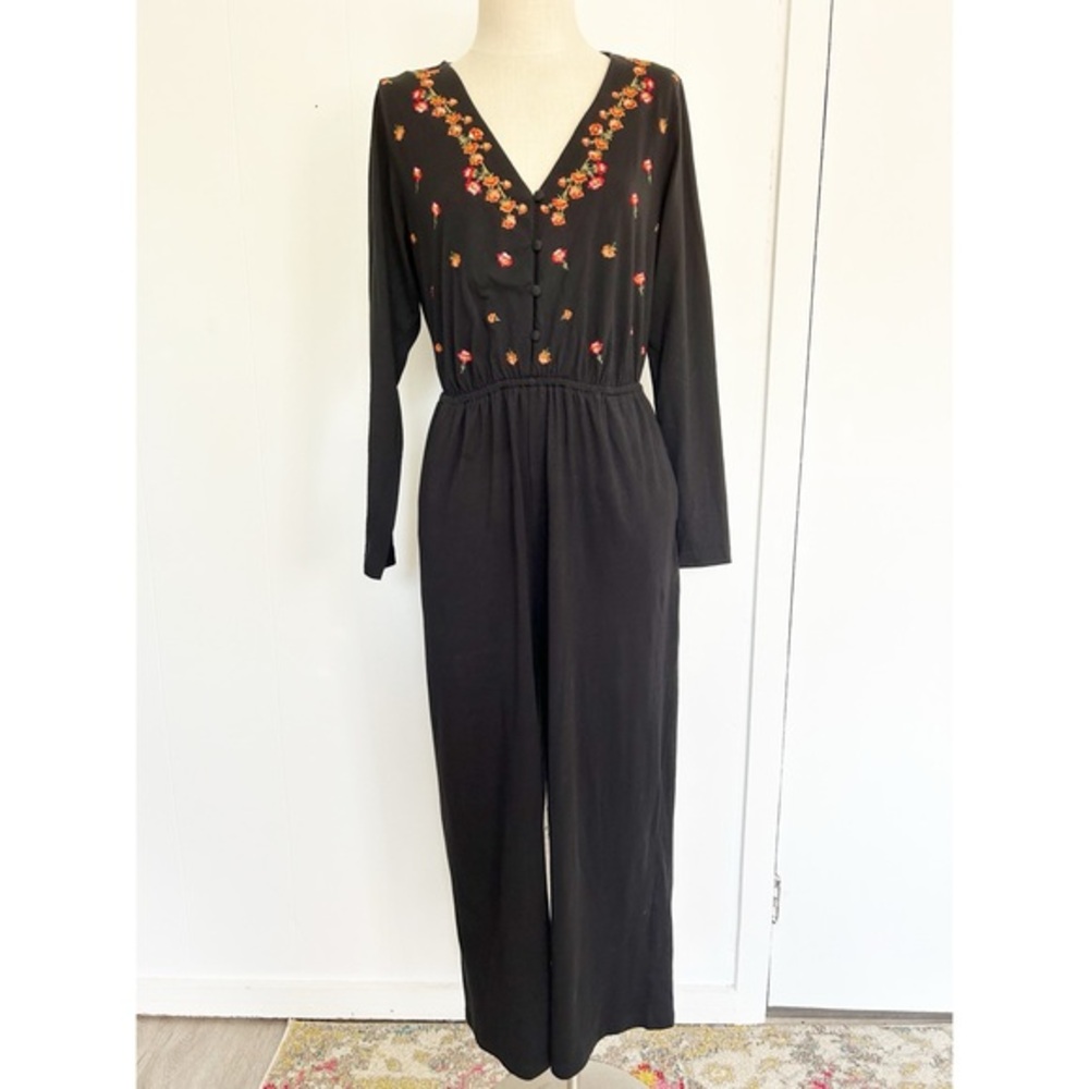 ASOS DESIGN button front embroidered tea jumpsuit in black - Picture 1 of 12